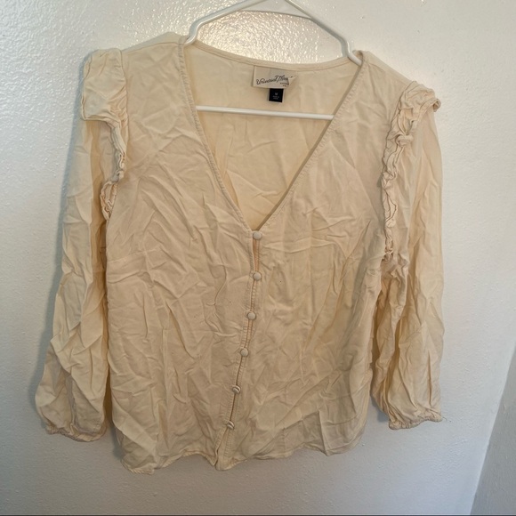 Universal Thread Double Ruffle Long Sleeve Deep V-Neck Top Cream - Picture 4 of 12